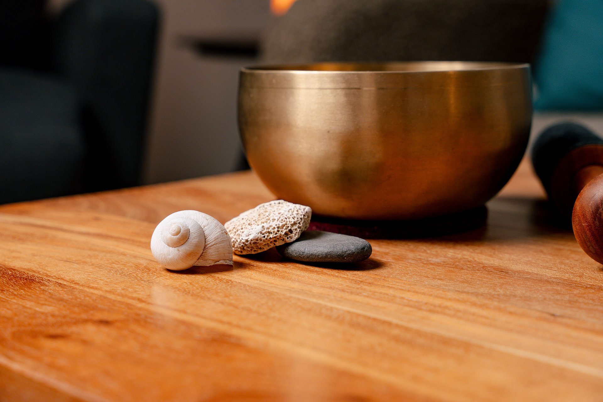 Auf einem Holztisch liegen eine Muschel, zwei Steine und eine Klangschale. Der Tisch befindet sich in der Praxis von Dr. Johanna Sohm.
